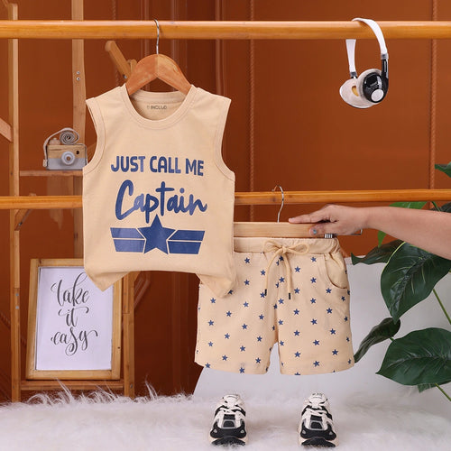 Boys Apricot Captain Typography Vest With Drawstring Shorts Sets Sets Apricot 6-12 M