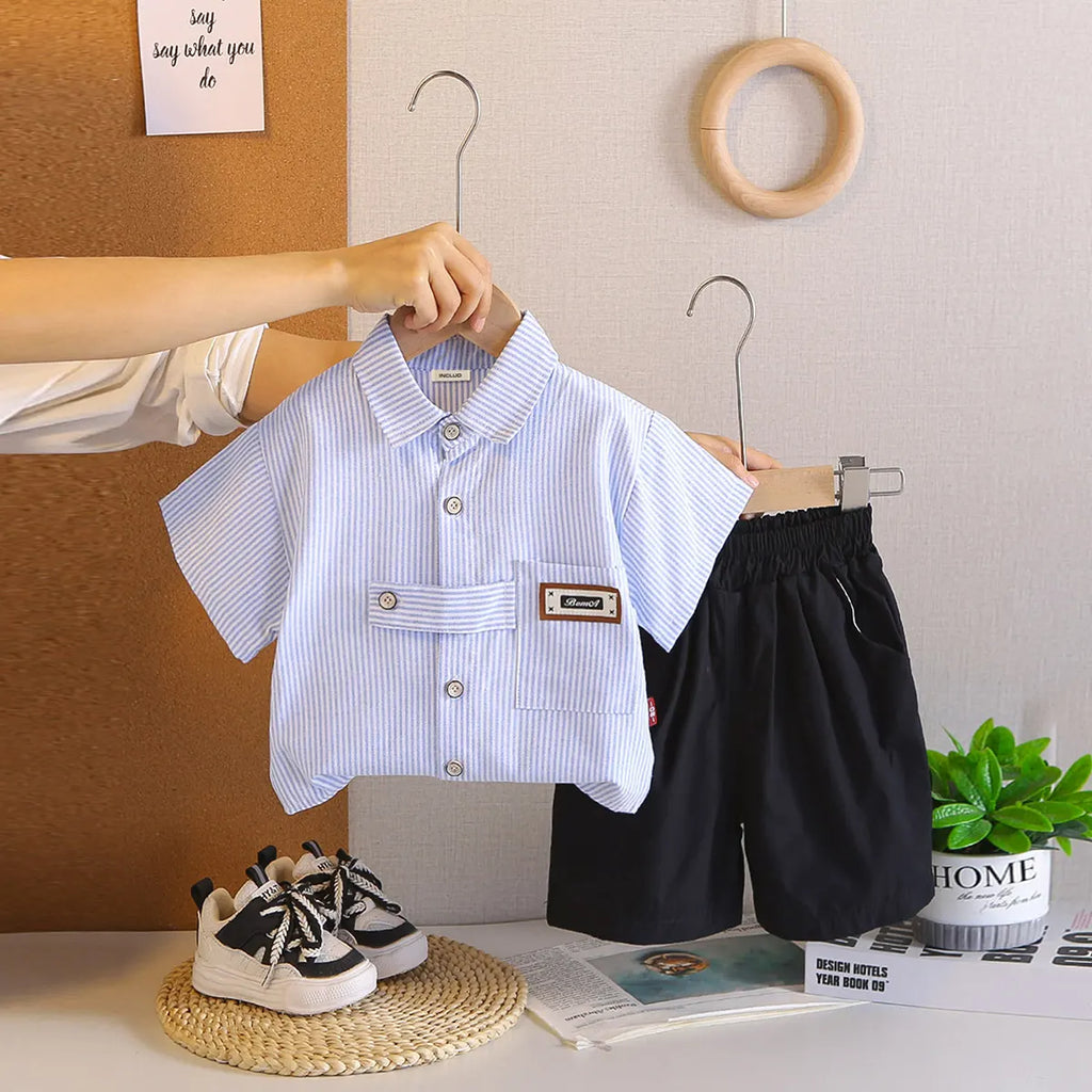 Boys Light Blue Stripes Short Sleeves Shirt With Shorts Sets Sets Light Blue 1-2 Y