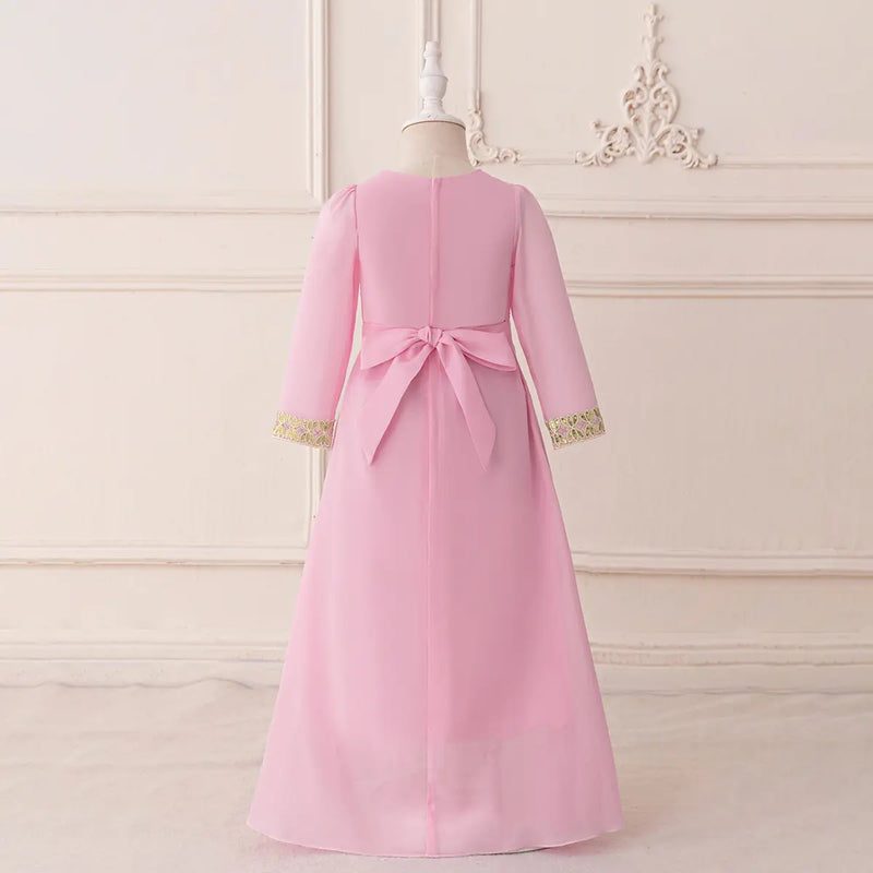 Girls Pink Embroidered A-Line Maxi Dress With V-neckline Casual Dresses
