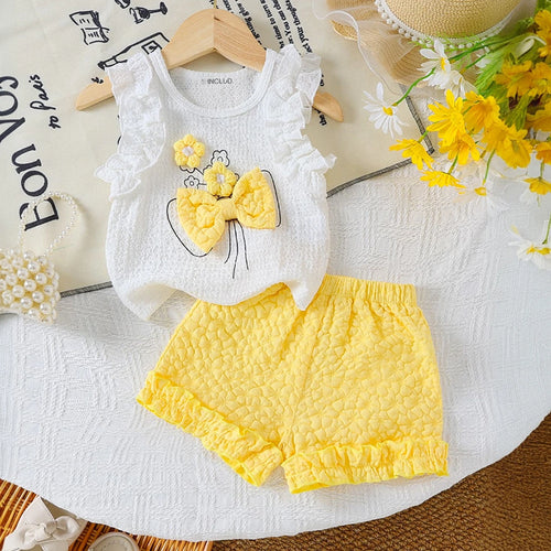 Girls Yellow Floral Applique Sleeveless Top With Shorts Sets 2 pc. Sets Yellow 3-4 Y