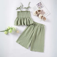 Girls Green Sleeveless Smocked Peplum Top With Cropped Pants Co-ord Sets Sets