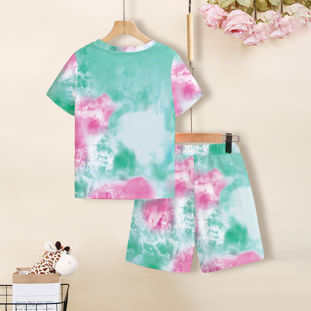 Girls Green Graphic Tie & Dye Print T-Shirt With Short Set 2 pc. Sets
