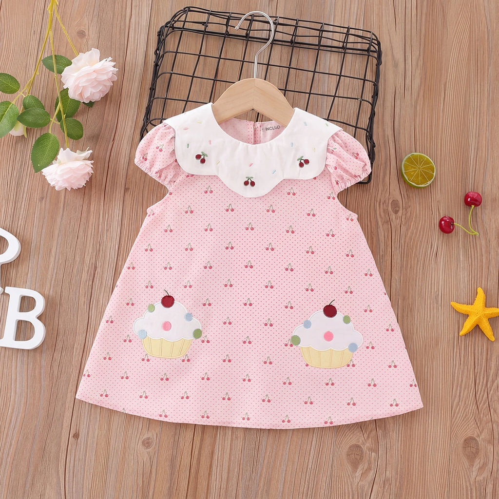Girls Light Pink Cherry Print Peter Pan Collar A-line Dress Casual Dresses Light Pink 1-2 Y