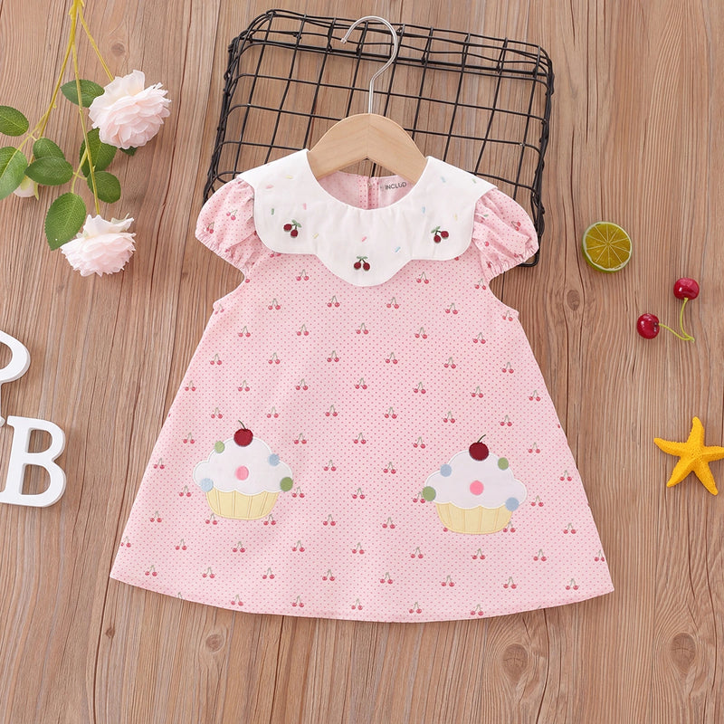 Girls Light Pink Cherry Print Peter Pan Collar A-line Dress Casual Dresses Light Pink 1-2 Y