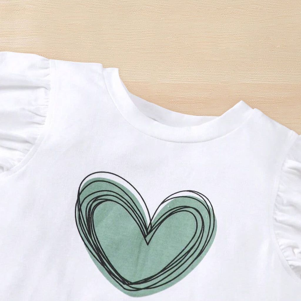 Girls Heart Printed Flutter Sleeves Top With Green Shorts Set 2 pc. Sets