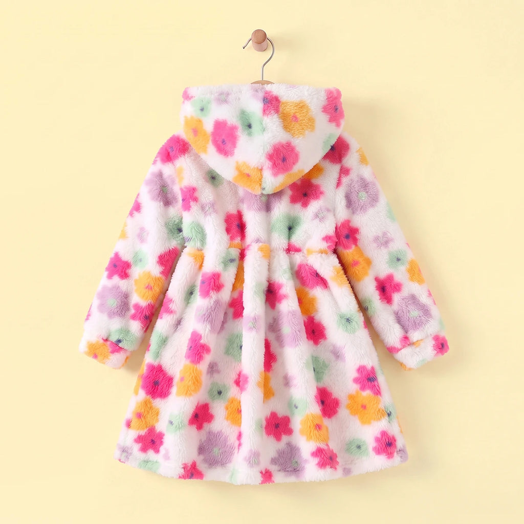 Girls Multicolor Floral Print Hooded Fleece Dress Casual Dresses