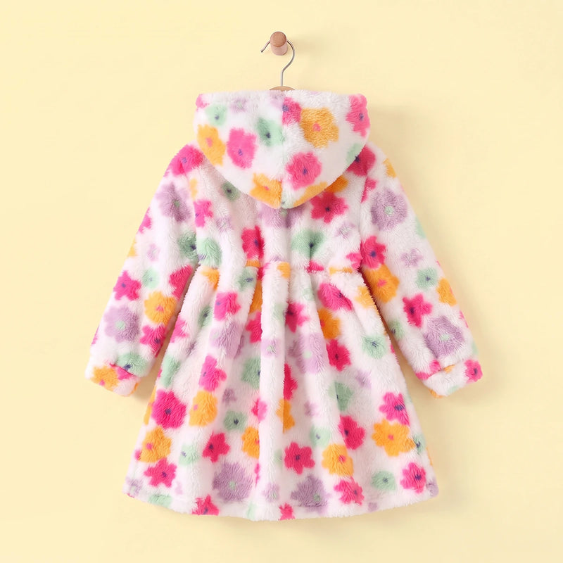 Girls Multicolor Floral Print Hooded Fleece Dress Casual Dresses