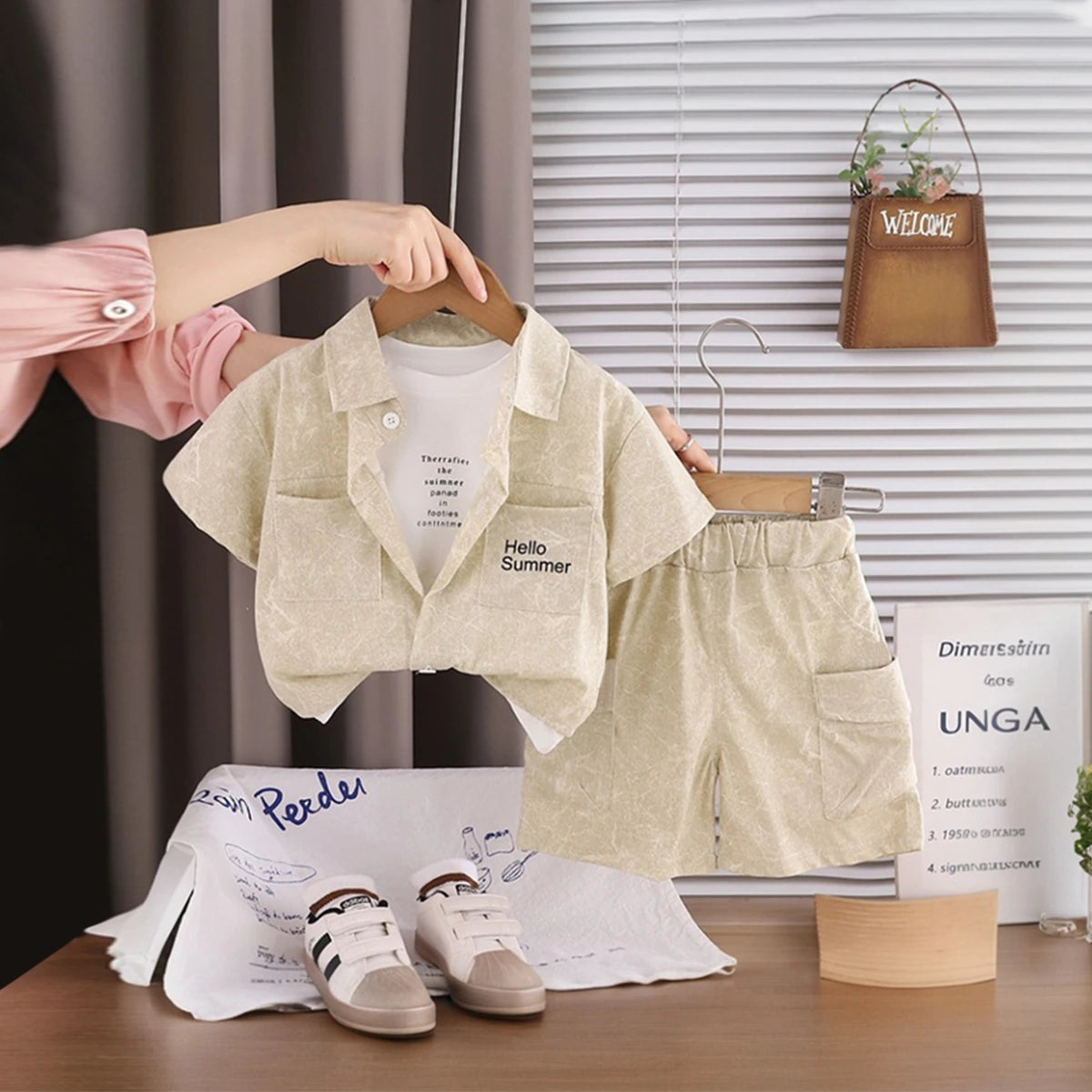 Boys Beige Typographic Printed Shirt With Printed T-shirt And Shorts Sets 3 pc. Sets Beige 1-2 Y