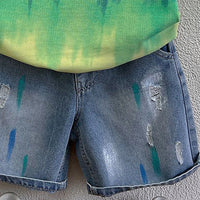 Boys Green Typography Print Short Sleeve Polo T-Shirt With Denim Shorts Sets 2 pc. Sets