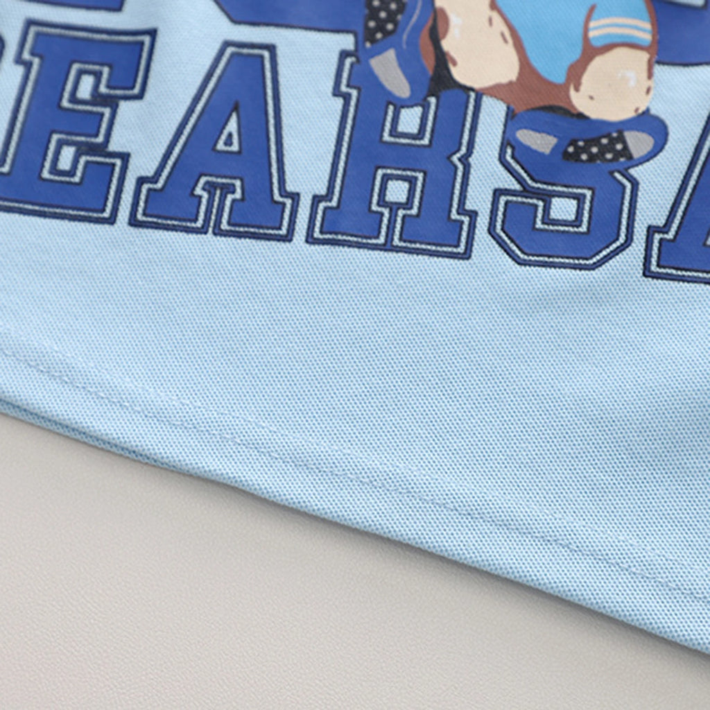 Boys Light Blue Bear Printed Polo Polo T-Shirt With Denim Shorts Sets 2 pc. Sets