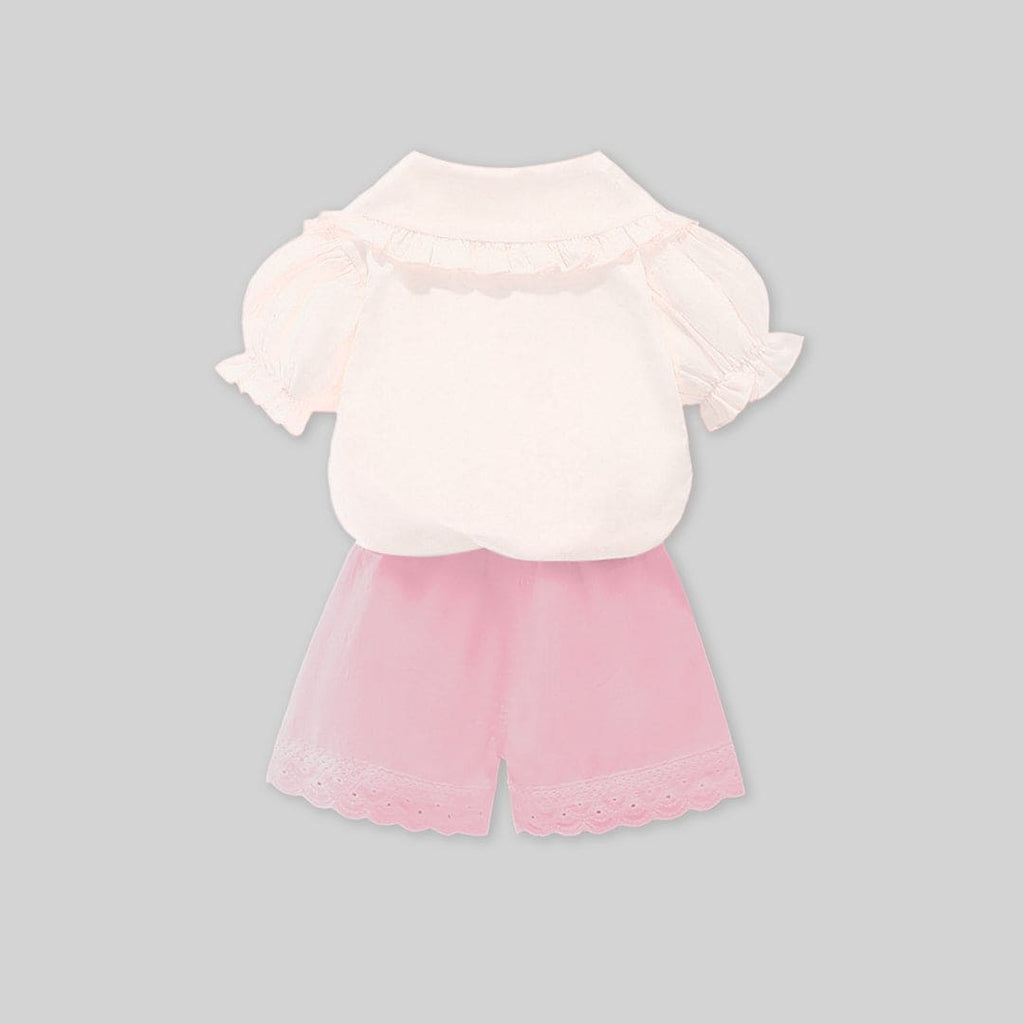 Girls White Collar Embroidery Top With Lace Bottom Shorts Sets   