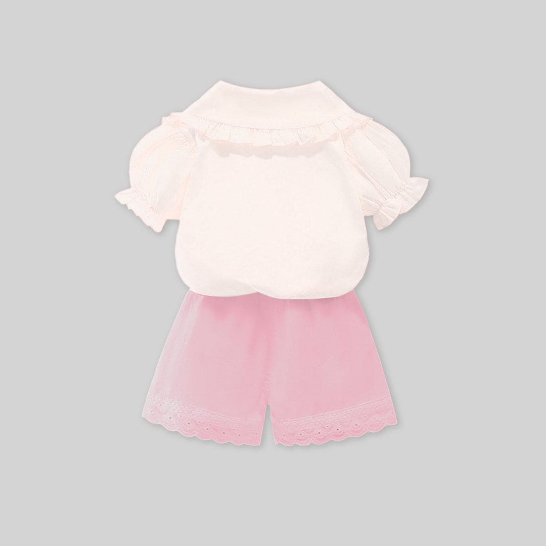 Girls White Collar Embroidery Top With Lace Bottom Shorts Sets   