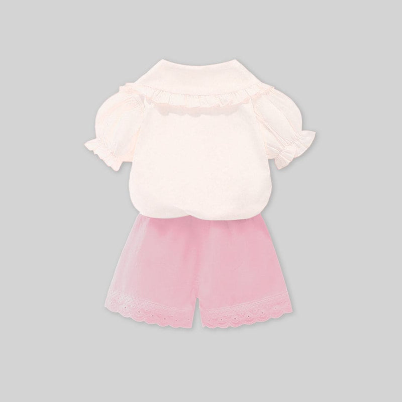 Girls White Collar Embroidery Top With Lace Bottom Shorts Sets   