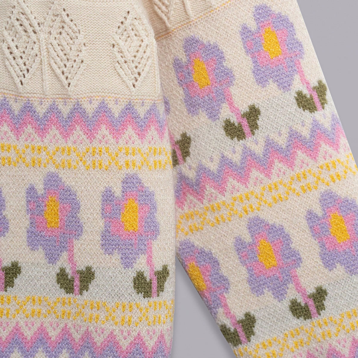 Girls Cream Floral Pattern Shirt Collar Pullover Sweaters & Cardigans