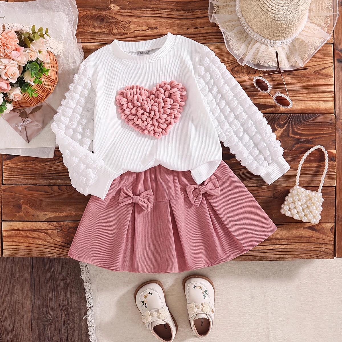 Girls White Heart Applique Puff Sleeve Top With Skirt Sets 2 pc. Sets White 3-4 Y
