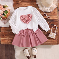 Girls White Heart Applique Puff Sleeve Top With Skirt Sets 2 pc. Sets White 3-4 Y