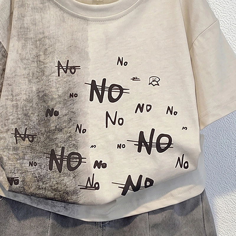 Boys Beige Short Sleeve Typography Print T-Shirt With Denim Shorts Sets 2 pc. Sets