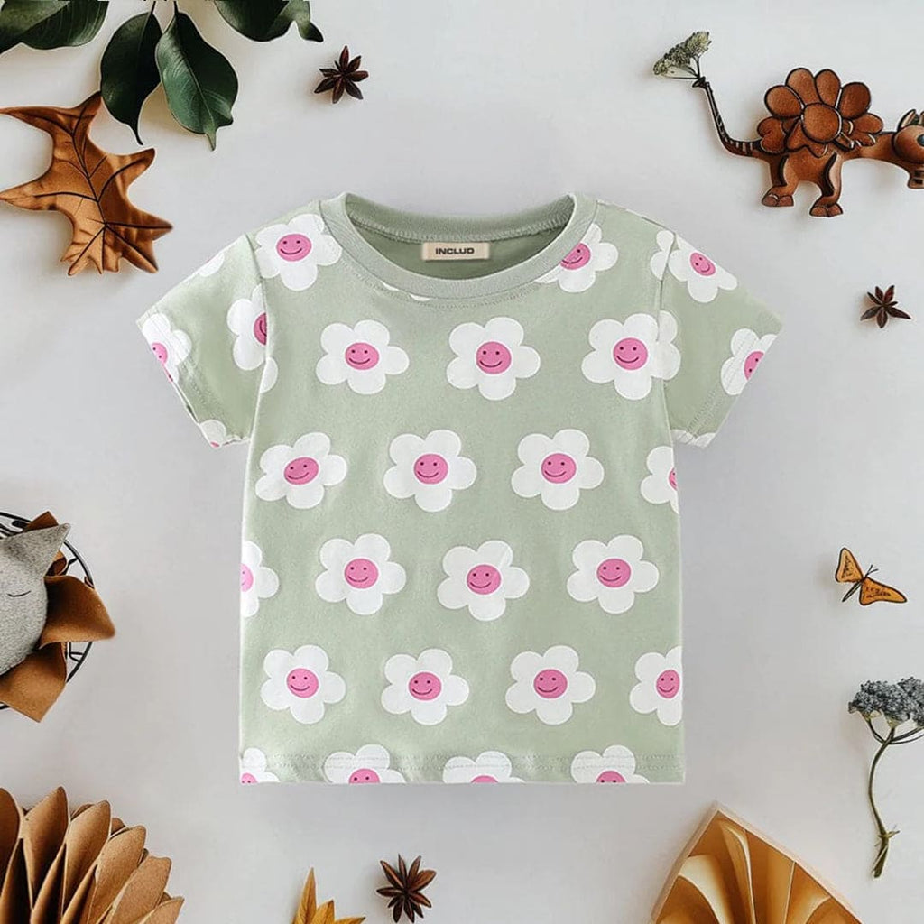 Girls Flower Print Casual T-shirt