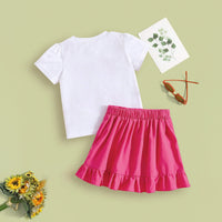 Girls Short Sleeves Typographic Printed Top With Pink Ruffled Skirt Set 2 pc. Sets
