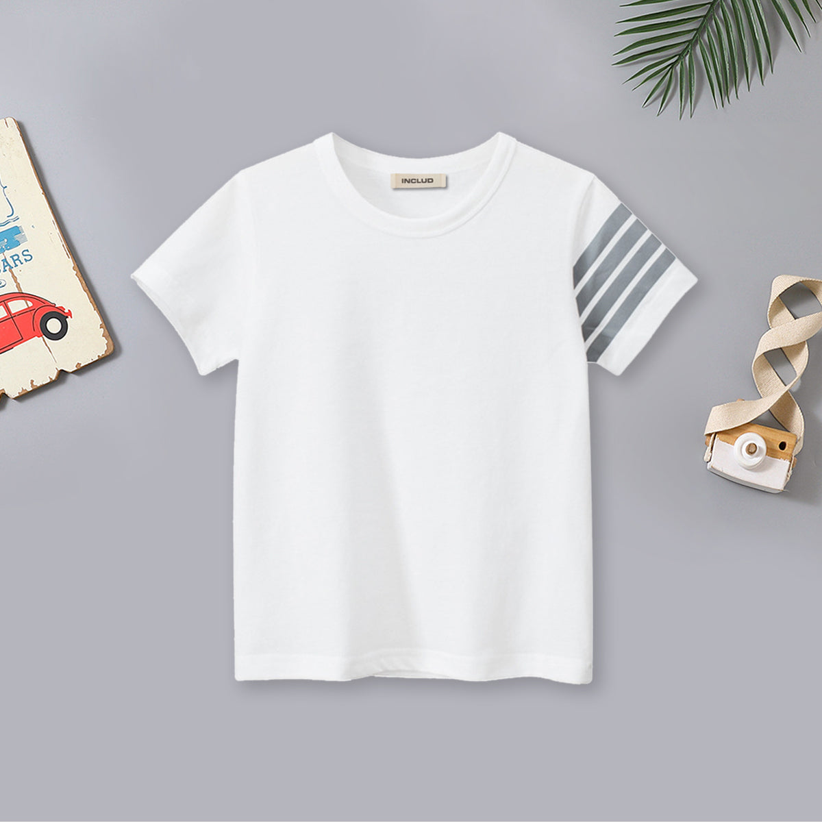 Boys White T-Shirt With Stripes on Sleeve Tshirts White 1-2 Y