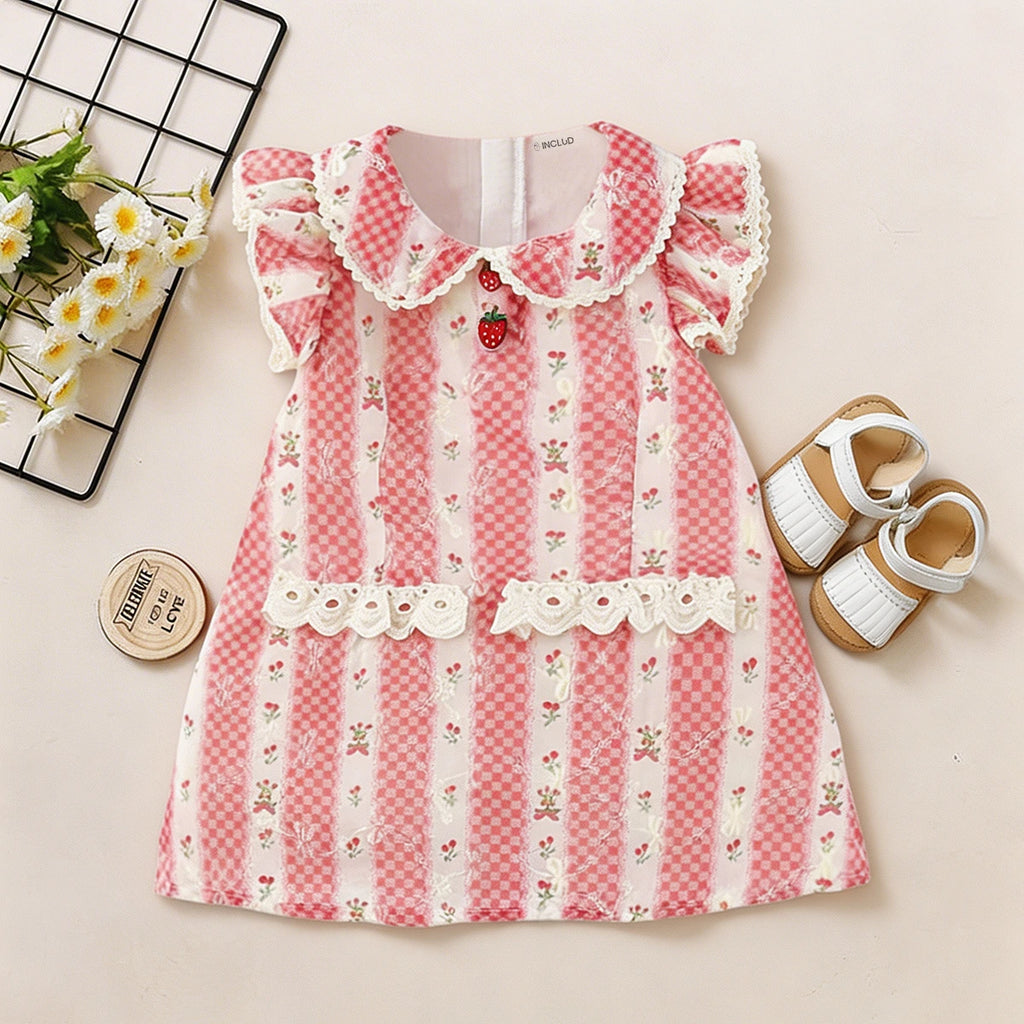 Girls Pink Floral Peter Pan Collar Ruffle A-line Dress Casual Dresses Pink 1-2 Y