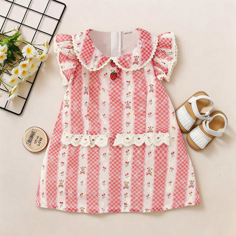 Girls Pink Floral Peter Pan Collar Ruffle A-line Dress Casual Dresses Pink 1-2 Y