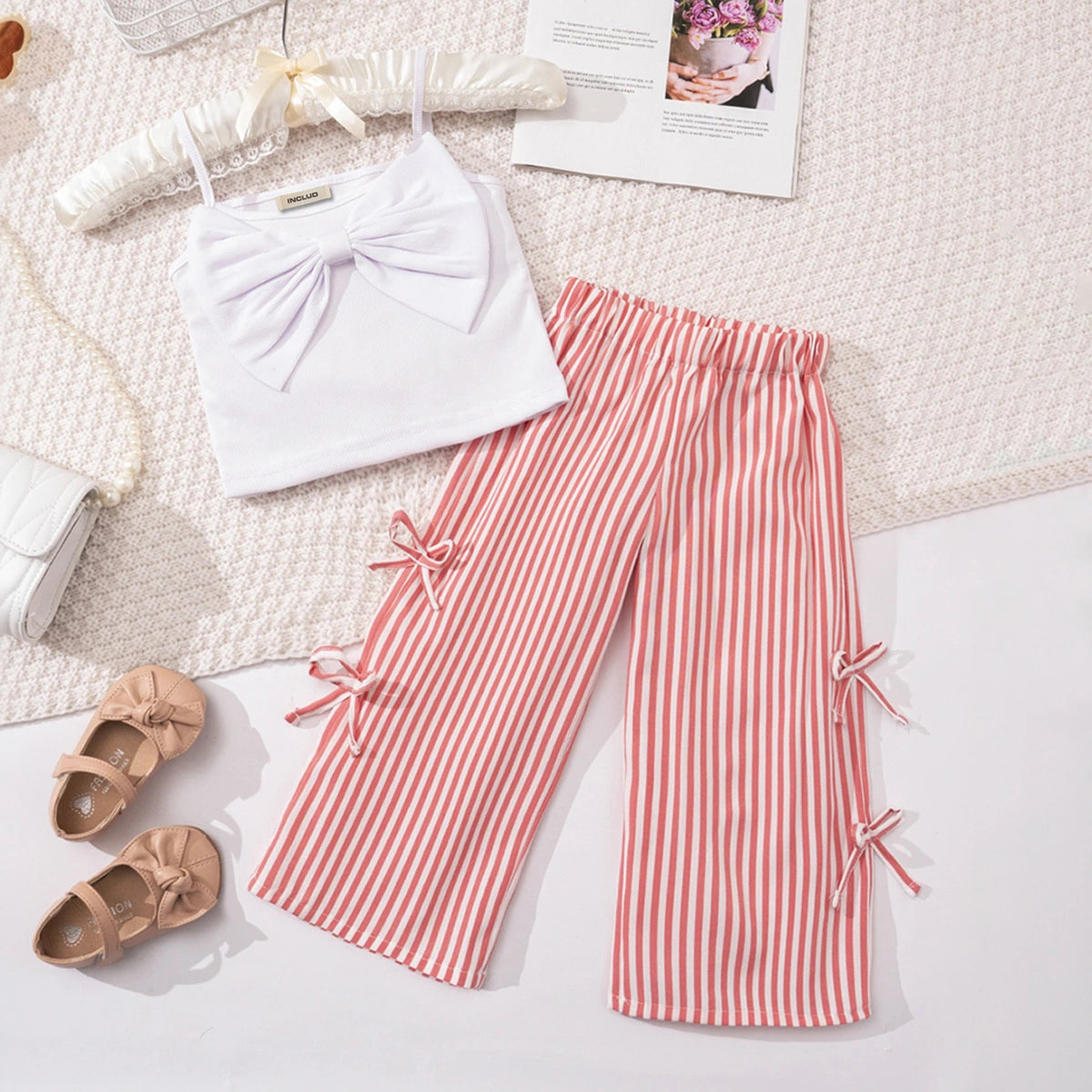 Girls Sleeveless Bow Applique Top With Pink Stripes Pants Set Sets Pink 1-2 Y