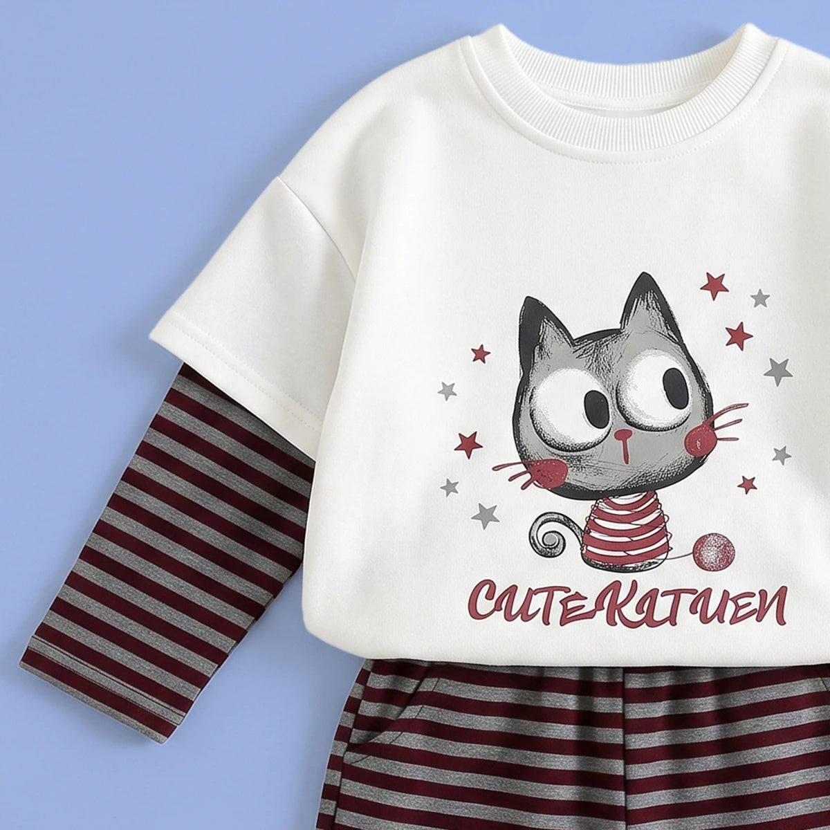 Girls White Graphic T-Shirt With Striped Pants Sets Sets