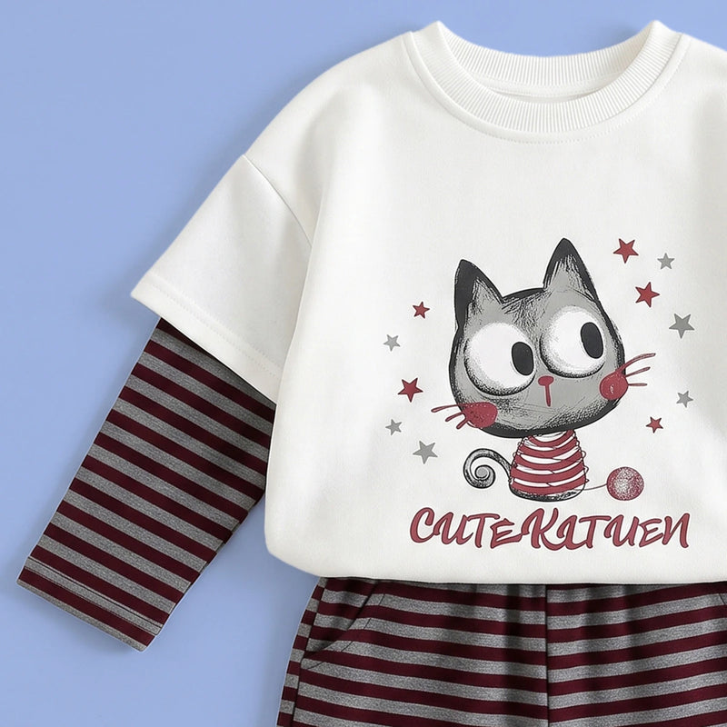 Girls White Graphic T-Shirt With Striped Pants Sets Sets