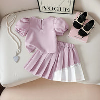 Girls Lavender Flower Applique Puff Sleeve Top With Pleated Skirt Sets 2 pc. Sets
