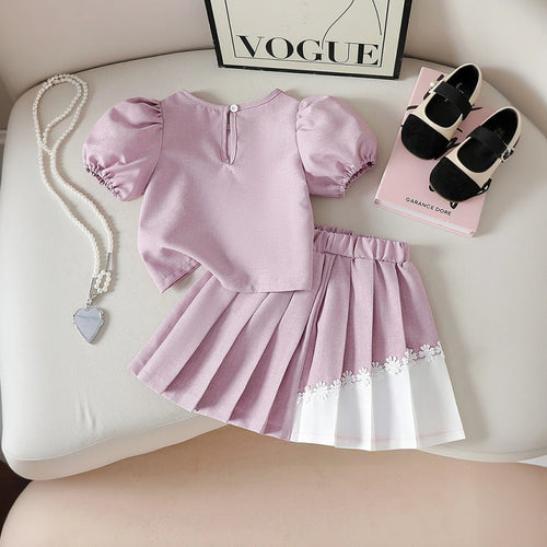 Girls Lavender Flower Applique Puff Sleeve Top With Pleated Skirt Sets 2 pc. Sets