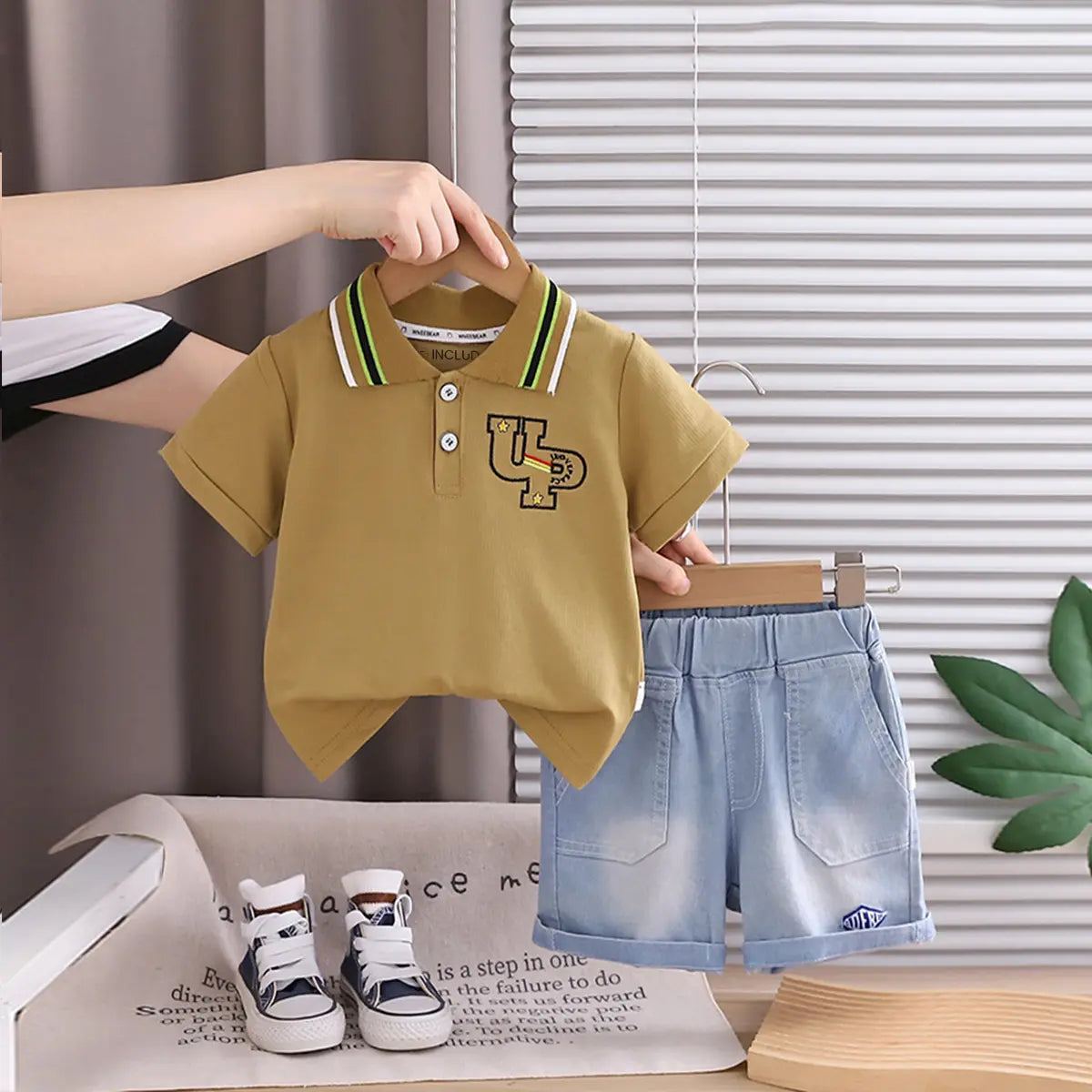 Boys Tan Typographic Short Sleeve Polo T-Shirt With Denim Shorts Sets 2 pc. Sets Tan 1-2 Y