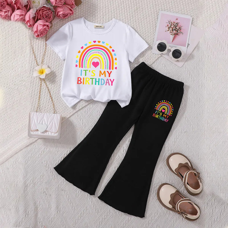 Girls White Birthday & Rainbow Printed T-Shirt With Flared Pants Sets Sets White 3-4 Y