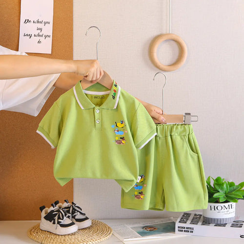 Boys Green Animal Graphic Short Sleeve Polo T-Shirt With Elasticated Shorts Sets 2 pc. Sets Green 1-2 Y