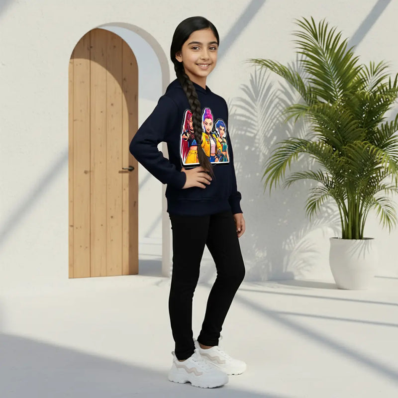Girls Navy Blue K-Pop Graphics Hoodie Sweatshirts & Hoodies