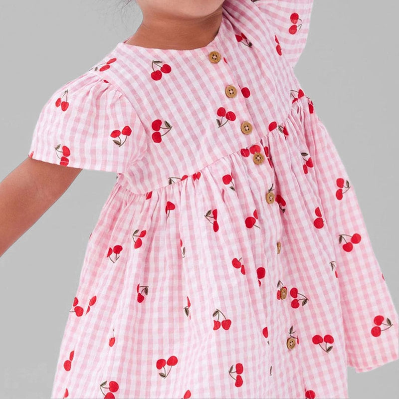Girls Short Sleeves Cherry Print Fit & Flare Dress Casual Dresses   