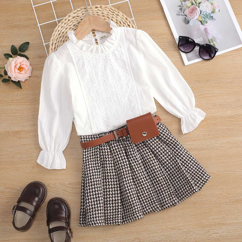 Girls Long Sleeve Lace Top With Pleated Skirt Sets