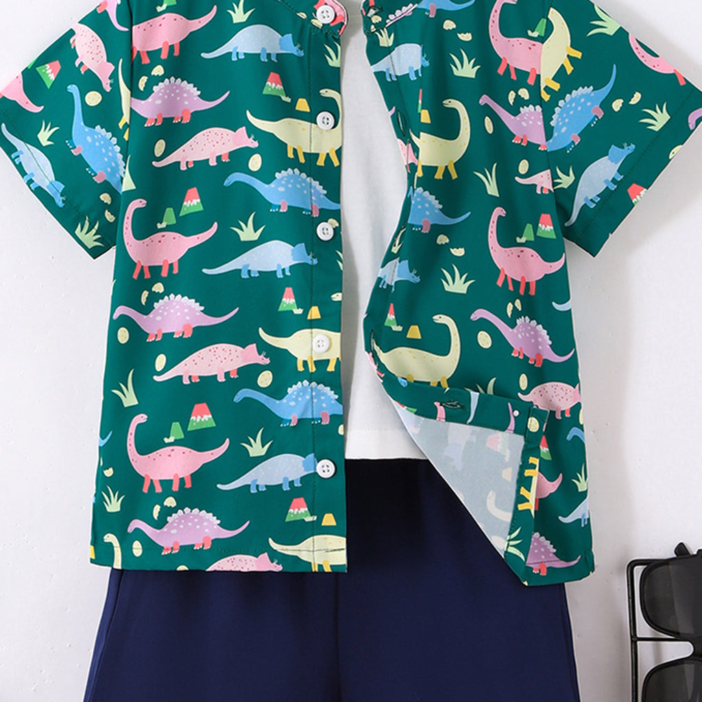 Boys Green Dinosaur Printed Shirt With Shorts Set 2 pc. Sets