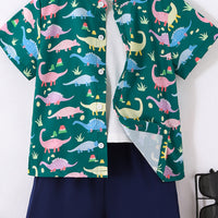 Boys Green Dinosaur Printed Shirt With Shorts Set 2 pc. Sets