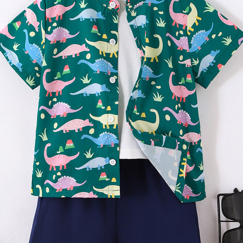 Boys Green Dinosaur Printed Shirt With Shorts Set 2 pc. Sets