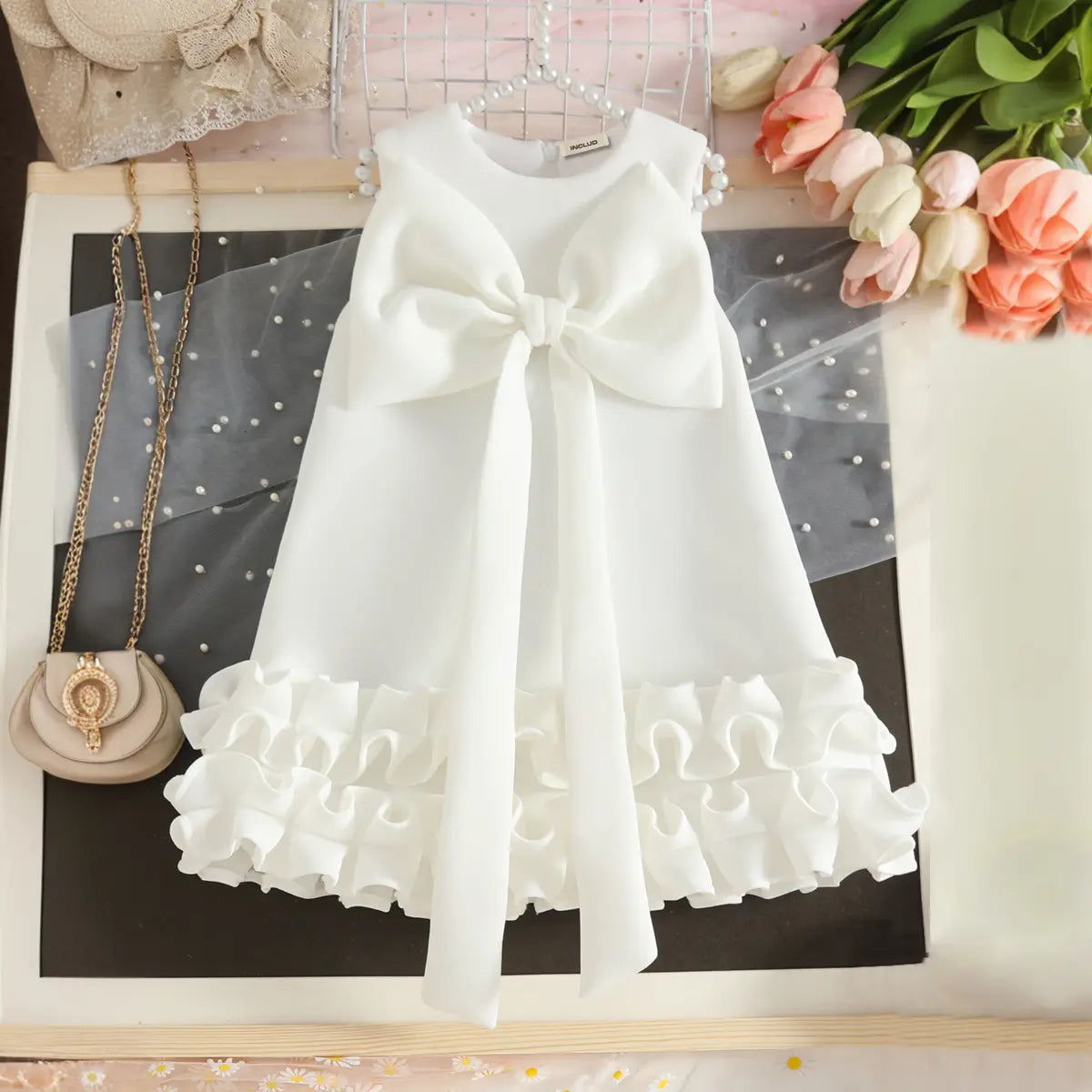 Girls White Sleeveless Large Bow Applique A-line Party Wear Dress Party Dresses White 2-3 Y