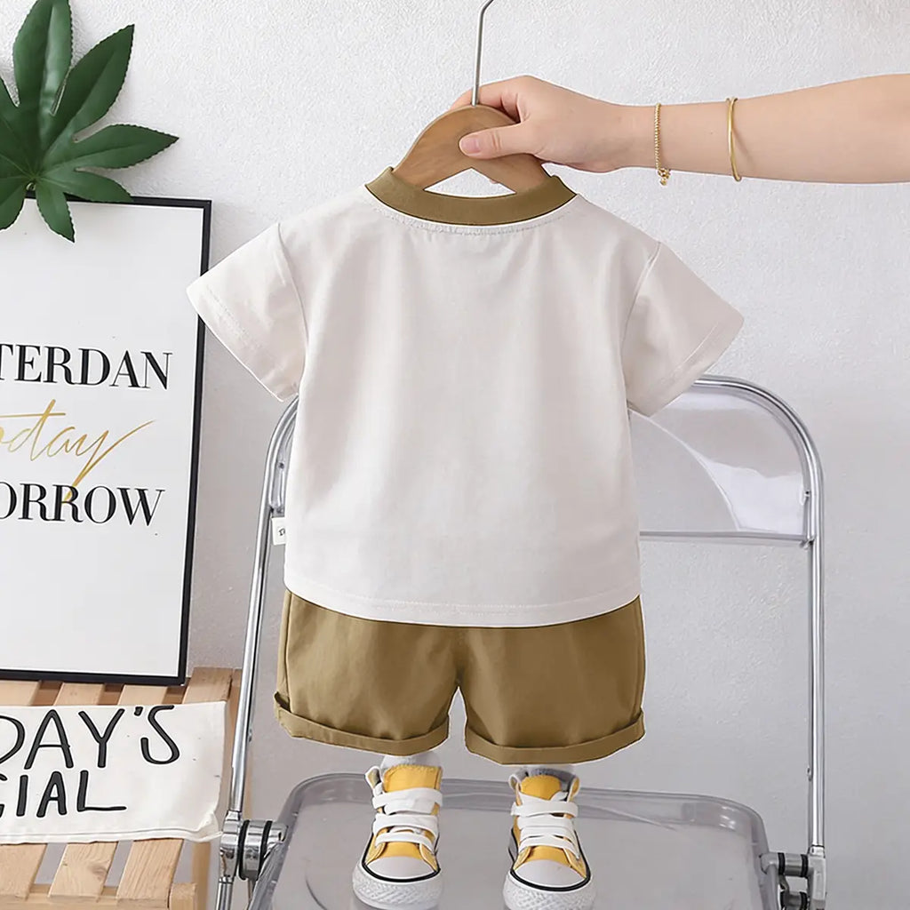 Boys Khaki Robot Embroidered T-Shirt With Shorts Sets Sets