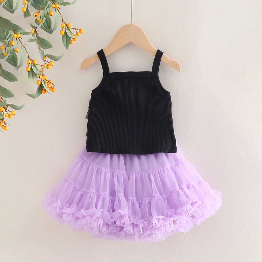 Girls Ruffle Sleeveless Top With Purple Tiered Tulle Skirts Set Sets