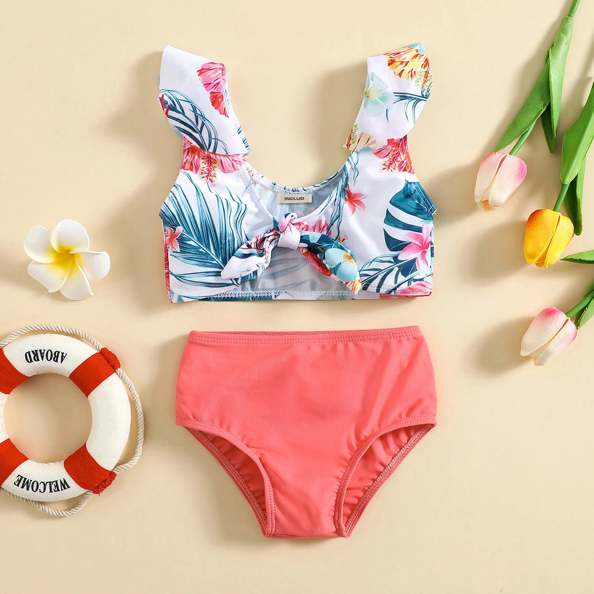 Girls White Tropical Printed Sleeveless Top With Briefs Swimwear Sets Sets White 1-2 Y