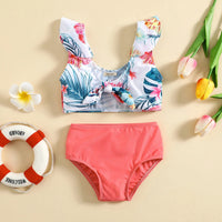 Girls White Tropical Printed Sleeveless Top With Briefs Swimwear Sets Sets White 1-2 Y