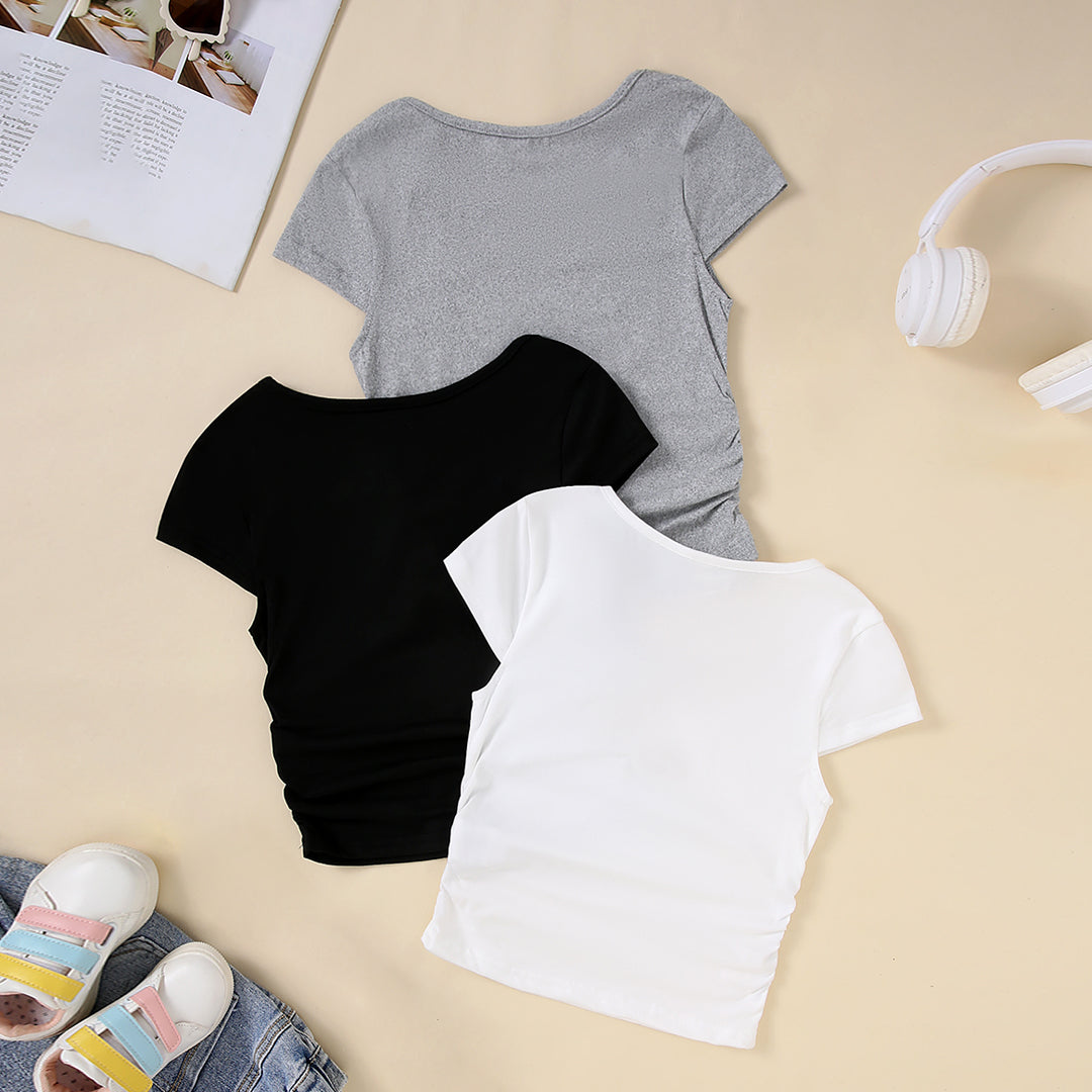 Girls Grey Short Sleeve Round Neck Top ( Pack Of 3) Value Packs
