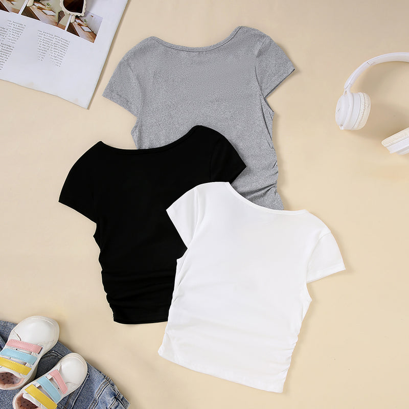 Girls Grey Short Sleeve Round Neck Top ( Pack Of 3) Value Packs