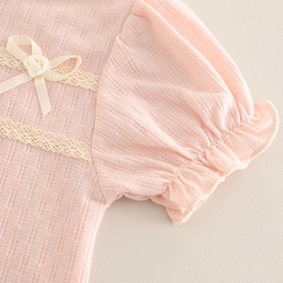Girls Pink Bow Appliqued Puff Sleeves Top With Denim Shorts Set 2 pc. Sets