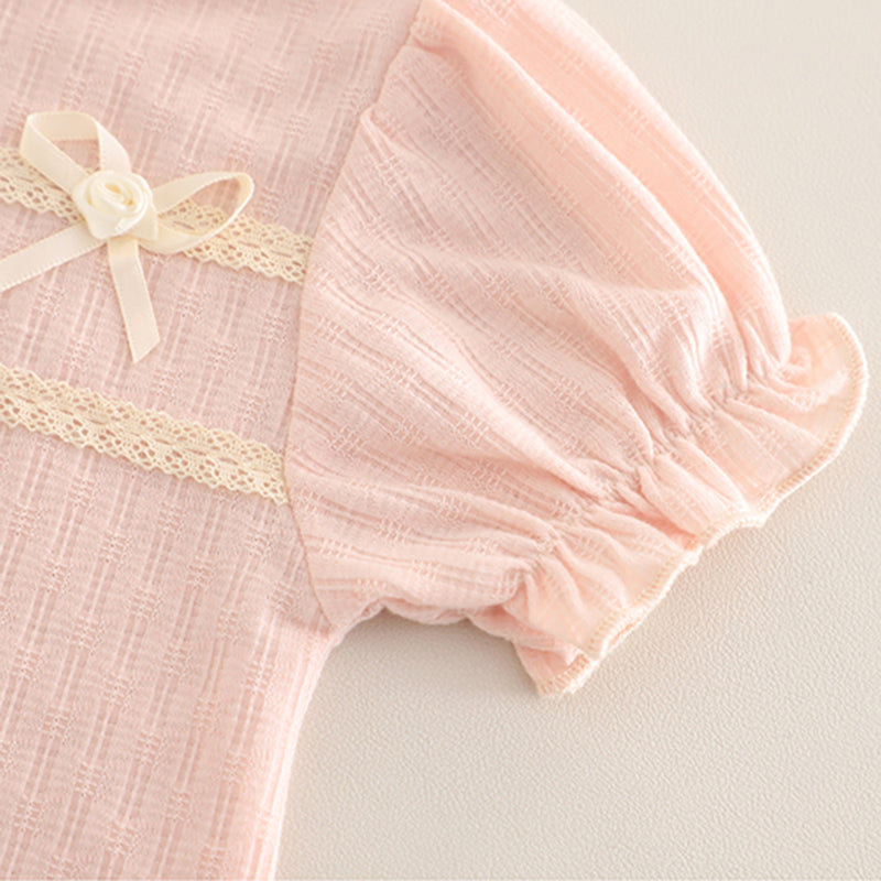 Girls Pink Bow Appliqued Puff Sleeves Top With Denim Shorts Set 2 pc. Sets