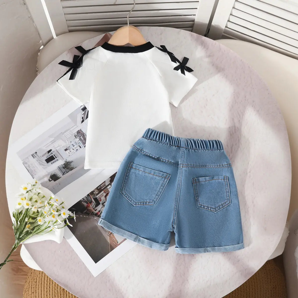 Girls White Bow Applique T-Shirt With Printed Denim Shorts Set Sets
